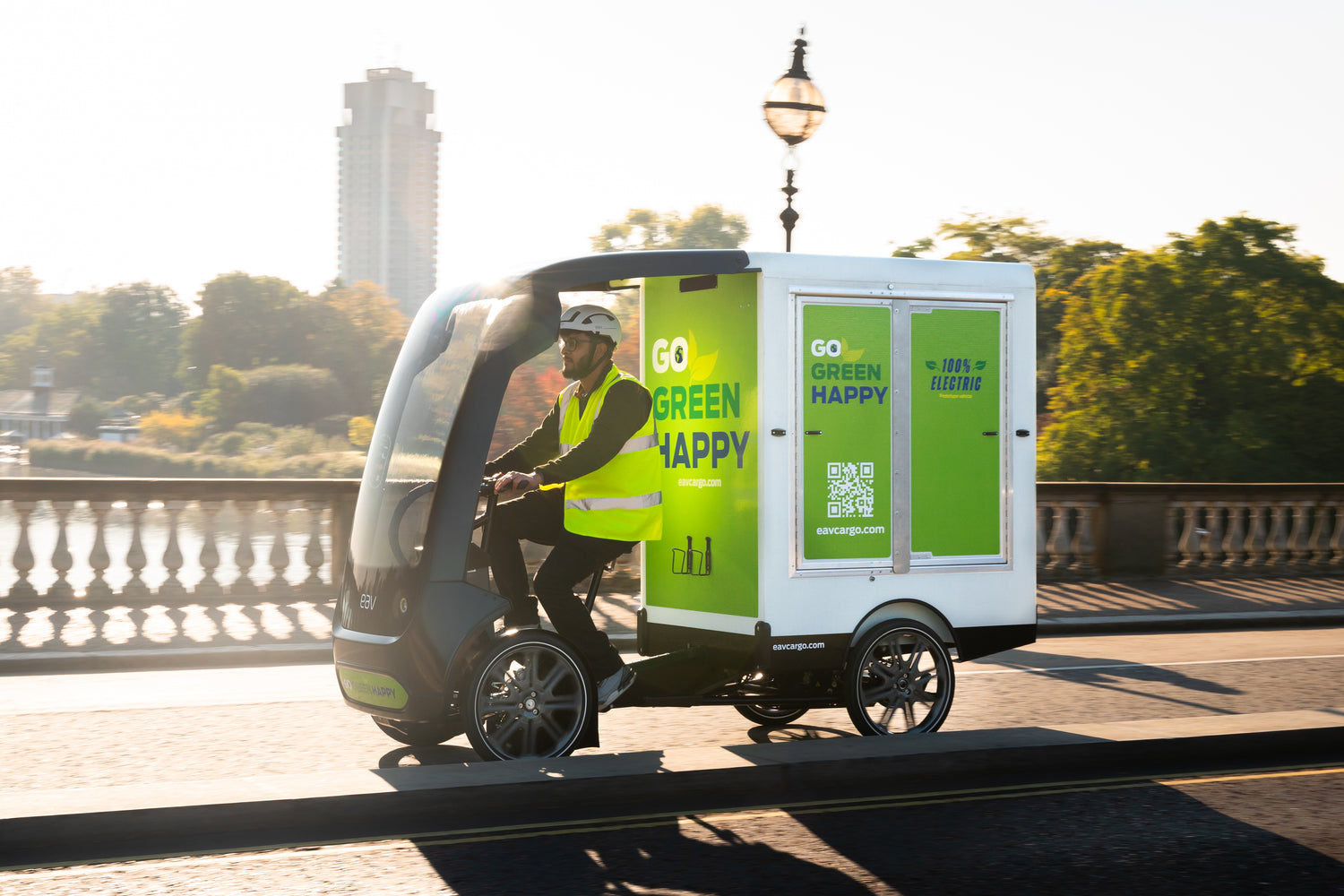 Eav cargo bike operating in london on a bridge